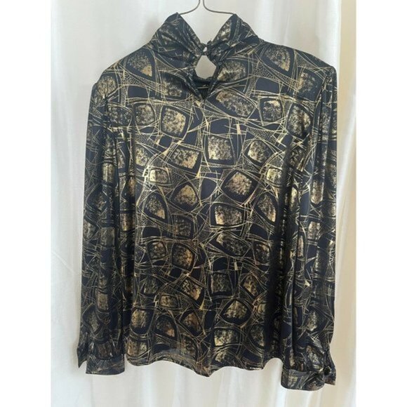 Vintage 80s Lauren Lee Liquid Metallic Leopard Black Gold Mock Neck Blouse Sz 8 - Picture 5 of 6